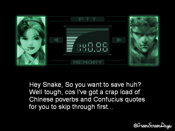 GreenScreenDays's tweet photo. Less talking, more killing. #MGS http://t.co/wxTIvP3Pvs