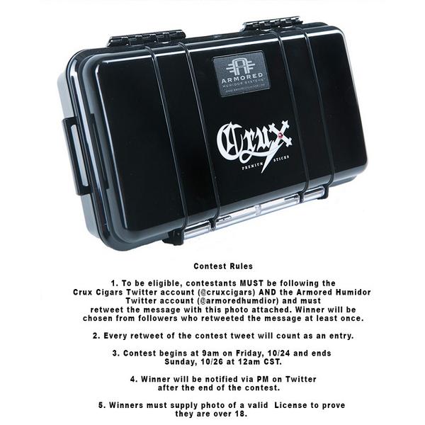 CruxCigars's tweet photo. #FreeCruxWeekend is on!Follow @CruxCigars + @ArmoredHumidor &amp; retweet this message to win a custom humidor w/ cigars! http://t.co/81FVnjnfC0