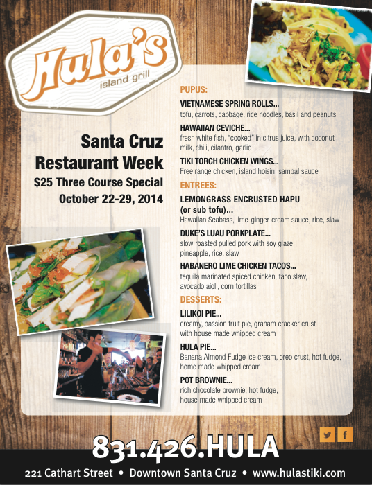 santacruzdining's tweet photo. #SCRW14 Restaurant Showcase: @hgrill (Hula's)
More Information - http://t.co/ImBUMECOxY http://t.co/TP2CZHwlUR