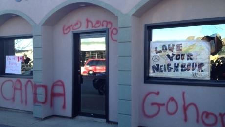 pickdaddy10's tweet photo. So very unCanadian "@CBCCanada: 'Go home' sprayed on exterior of mosque in Cold Lake, Alta.  http://t.co/siSQc4hsfw http://t.co/R6DP3bZEp8”