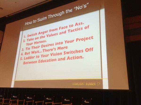 StoryWorldQuest's tweet photo. How to swim through the No's by @Jeff_Gomez @StarlightRunner #transmedia #SWQ14 #scriptchat #storytelling http://t.co/nn33w73aX3