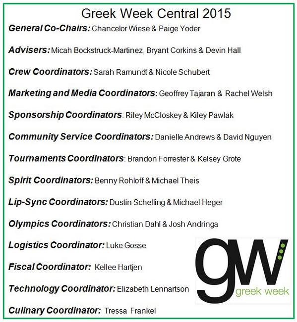 greekweekISU's tweet photo. Congratulations to our Greek Week 2015 Central Committee! #isugreekweek http://t.co/SyQg33GM4b