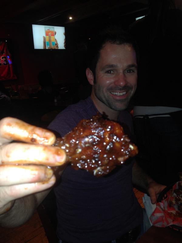 MammothHog's tweet photo. Trying to decide if @theMatthewHuff is eating a chicken wing or a turkey leg. #springteam #hibbys http://t.co/0cGX4kC4Ax
