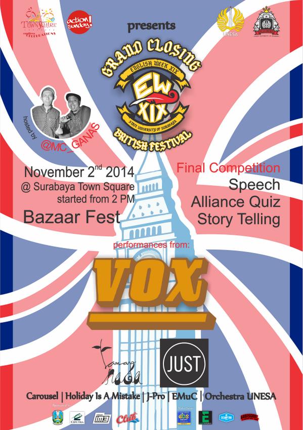 GRAND CLOSING ENGLISH WEEK XIX "BRITISH FESTIVAL" w/ <a href="/MC_GANAS/">MC GANAS</a> GS: <a href="/voxtheband/">VOX</a> also <a href="/TAMANNADA/">Taman Nada</a>.  2Nov At SUTOS