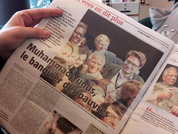 WorldForumEco's tweet photo. 3 pages ce matin dans @lavoixdunord sur l'incroyable journée #WFL14  d'hier sur le lancement de @SoBizHub avec #yunus http://t.co/1XCdoToxeR