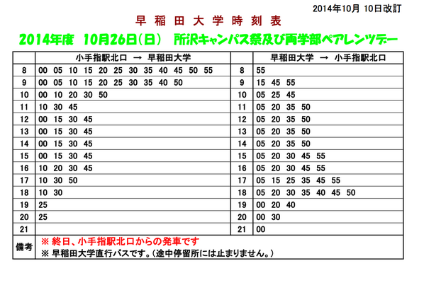 早稲田大学所沢キャンパス祭 明日は小手指駅やバスの混雑が予想されます ご来場の方は時間に余裕を持ってお越しください 当日の無料の学バスの時刻表はこちらになっております また 学バスの他に西武バス 有料 も出ておりますので合わせてご利用下さい 早稲田大学所沢キャンパス祭 明日は小手指駅やバスの混雑が予想されます ご来場の方は時間に余裕を持ってお越しください 当日の無料の学バスの時刻表はこちらになっております また 学バスの他に西武バス 有料 も出ておりますので合わせてご利用下さい