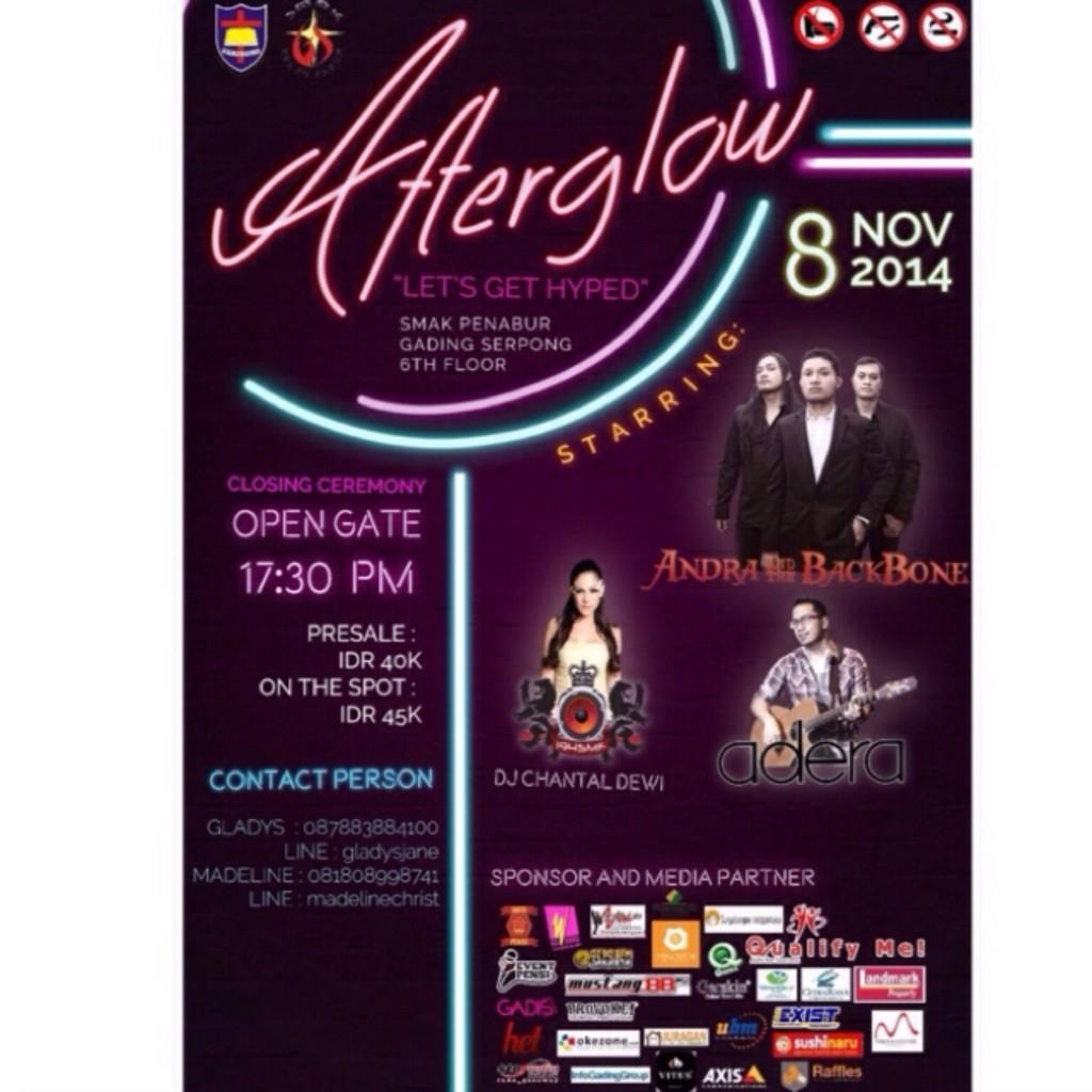 <a href="/MWMorganizer/">MIND WITH MADNESS</a>: Tomorrow 08Nov2014 closing event <a href="/AFTERGLOWsmakgs/">AFTERGLOW SMAK GS</a> with <a href="/ABackBone/">Andra & the BackBone</a> <a href="/ADERA_ega/">ADERA</a> <a href="/Chantal_Dewi/">Chantal_Dewi</a> . Be there!