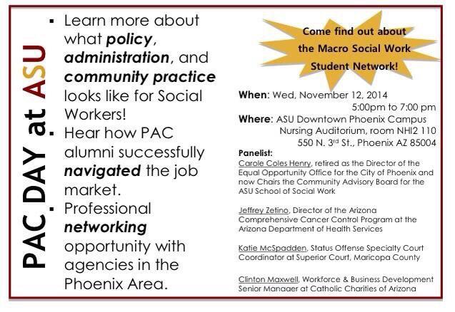 MSWSNatASU's tweet photo. PAC Day @asu @SSW_ASU on Wed 11/12 from 5-7p! Learn what going PAC means for #socialworkers 👏👍 @naswaz @PAFCOArizona http://t.co/lbr8sVczYj