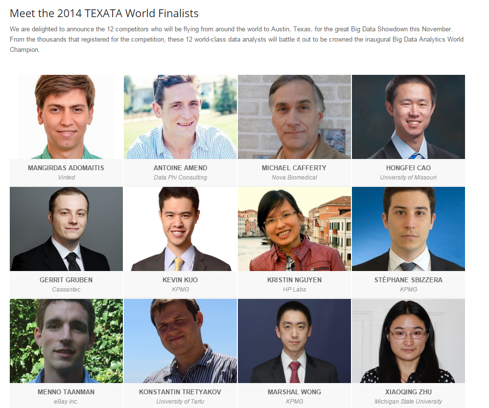 Texata's tweet photo. #TEXATA BigDataAnalytics Competition for Business &amp; Enterprise. Top 12 Finalists here they are http://t.co/Upa2Sn2Azw http://t.co/NUZESrXgpH