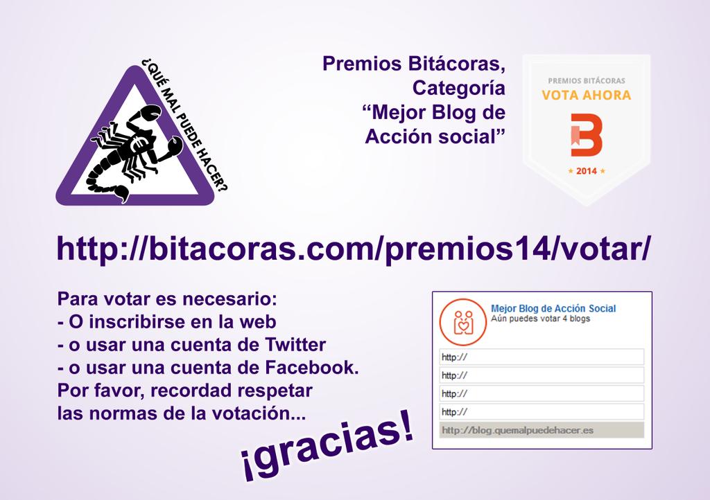 qmph_es's tweet image. #XBitácoras
Categoría "Acción social"
#http://blog.quemalpuedehacer.es
¡Gracias!
bitacoras.com/premios14/vota…