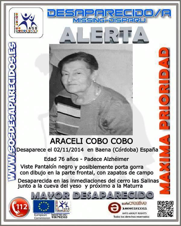 guardiacivil's tweet photo. #Colabora y RT Buscamos a Araceli, una #mayor enferma de #Alzheimer desaparecida en #Baena #Córdoba Si la ves #062 http://t.co/B0gxYDZDNd