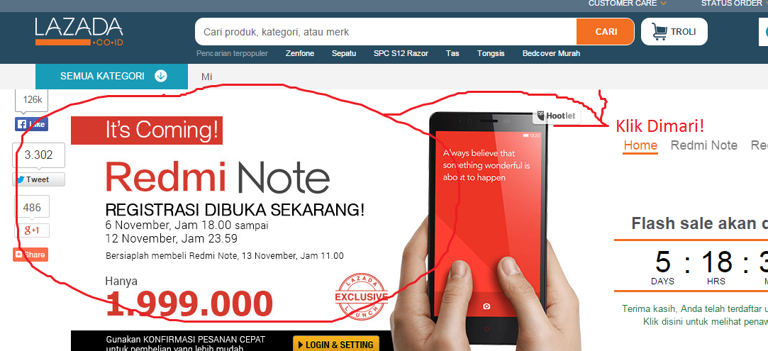 LazadaID's tweet photo. Tahu gak Lazadians? Flash sale #RedmiNote bisa pake fitur #FlashCheckout!
Klik -> http://t.co/1qw6vgjp4O http://t.co/1I2LWEjOPc
