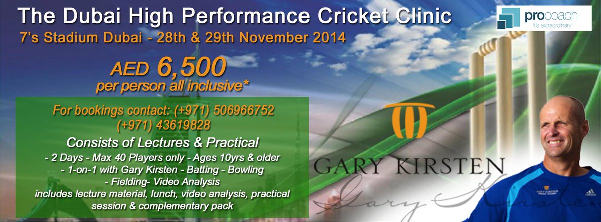 procoachme's tweet photo. Hurry up- register! Only 40 slots offered. Your ticket to extraordinary cricket! @GK_CA @Gary_Kirsten #Dubai #cricket http://t.co/SvncAcMwWz