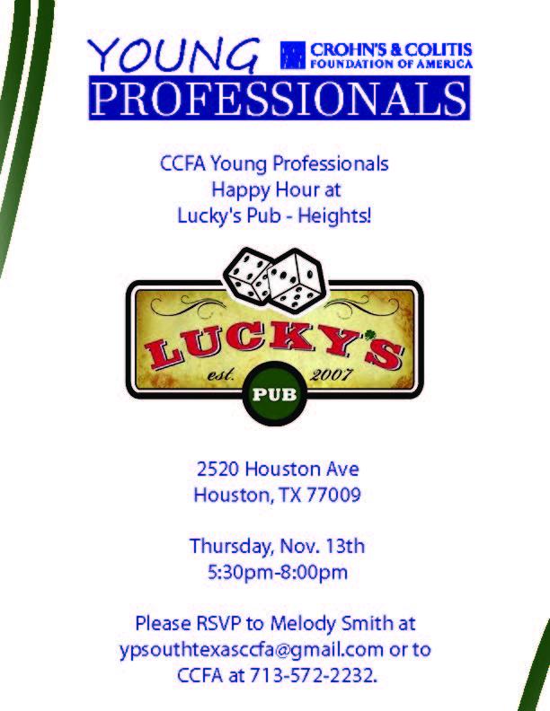 CCFAYP's tweet photo. Please join us for our next CCFA Young Professionals Happy Hour next Thursday, 11/13, at Lucky's Pub - Heights! http://t.co/KYEbIXimrJ