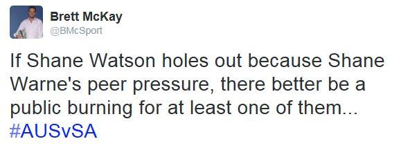 BMcSport's tweet photo. Right, nominations are open: FAV to burn Warnie for being an idiot or RT to burn Watto for listening to him.. #AUSvSA http://t.co/tG8k1uKJzP