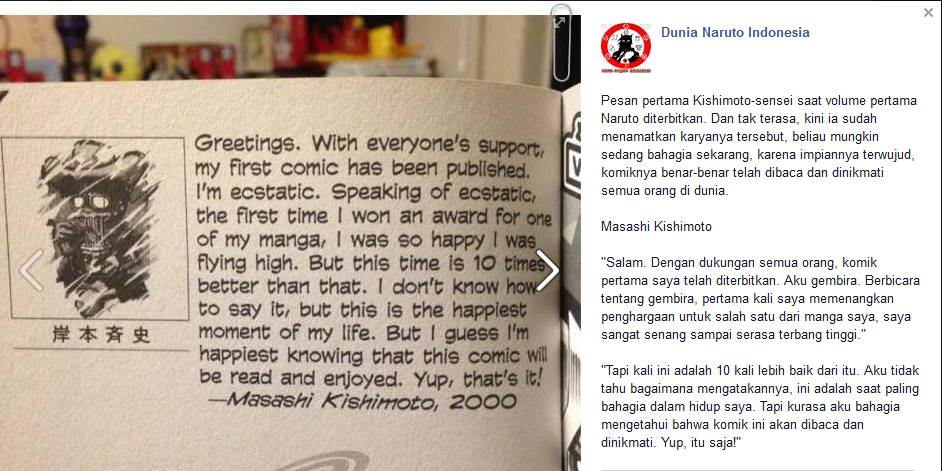 Beliau mungkin sedang bahagia sekarang, karena komiknya benar-benar telah dibaca dinikmati semua orang #ThanksNaruto