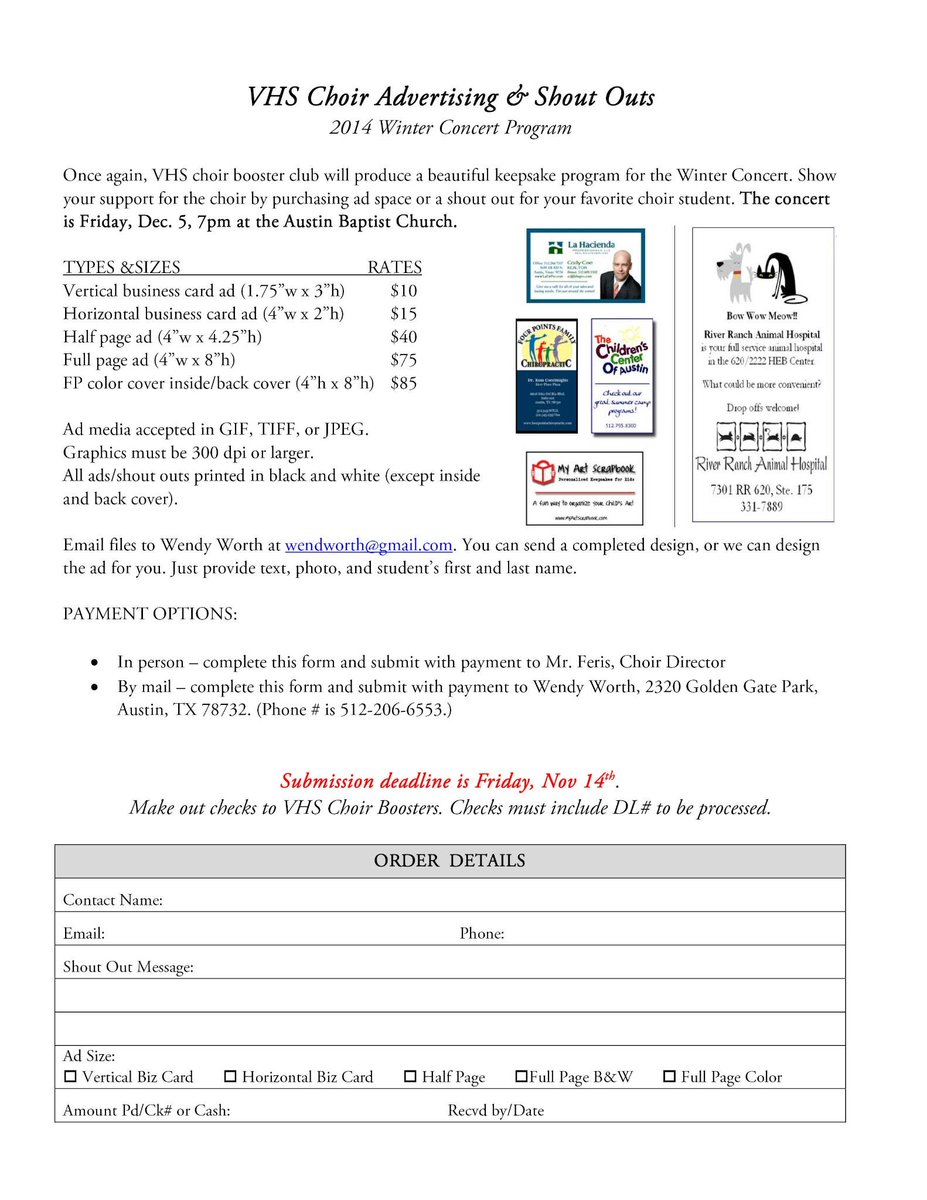 Alright folks - just 1 week to submit student shout outs/ads for Winter Concert program. Deadline **Friday, Nov 14**