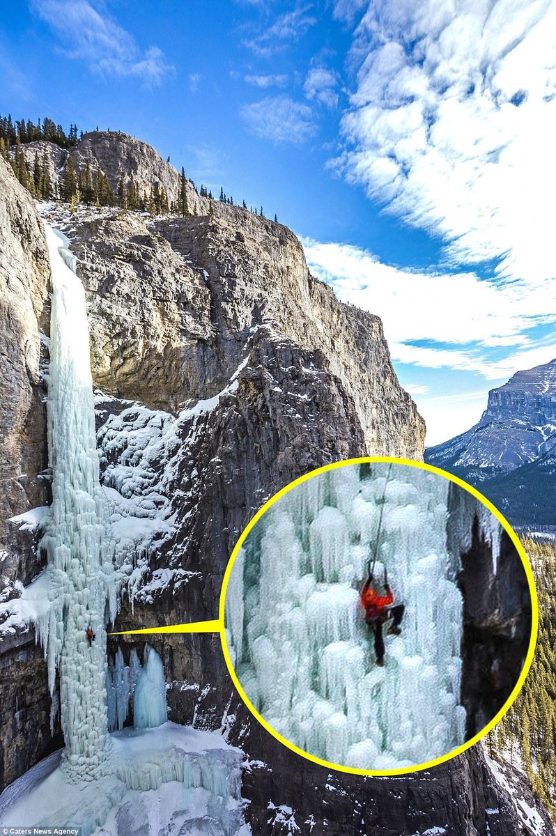 travelmail's tweet photo. Climber attempts heartstopping ascent up Canada’s 300ft frozen waterfall http://t.co/l7eCEajgFi http://t.co/v1Jm7dfph5