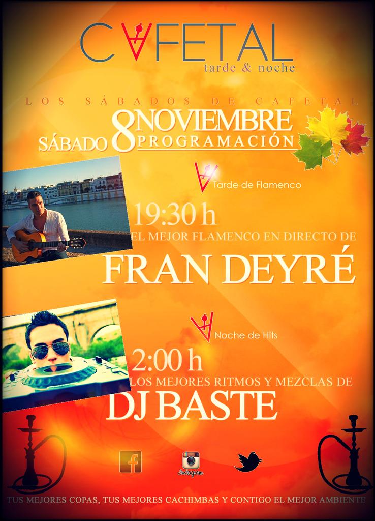 CafetalAlgaba's tweet photo. LOS SÁBADOS DE CAFETAL!!

PLANING DE MAÑANA!! Tarde de flamenco con @FranDeyr y noche de temazos con @DJBaste http://t.co/6GUTg6023l