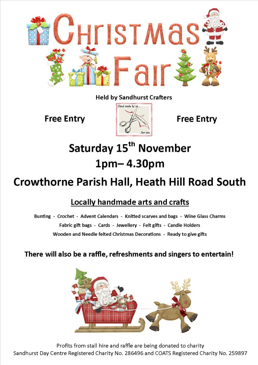 <a href="/CrowthorneNews/">Crowthorne</a> Sandhurst Crafters holding Xmas Craft Fair 15 Nov to raise money 4 COATS &amp; Sandhurst day center