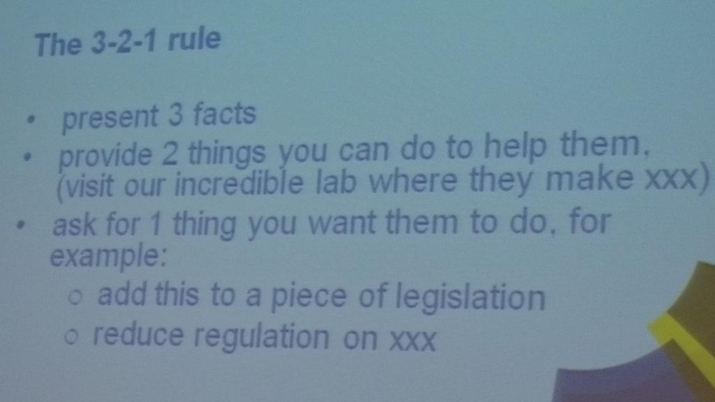 h_r_richardson's tweet photo. Everyone should use the 3-2-1 rule when engaging with policymakers. Put it into practice! @ScienceinPolicy #SiP2014 http://t.co/u2UL8vT3p2