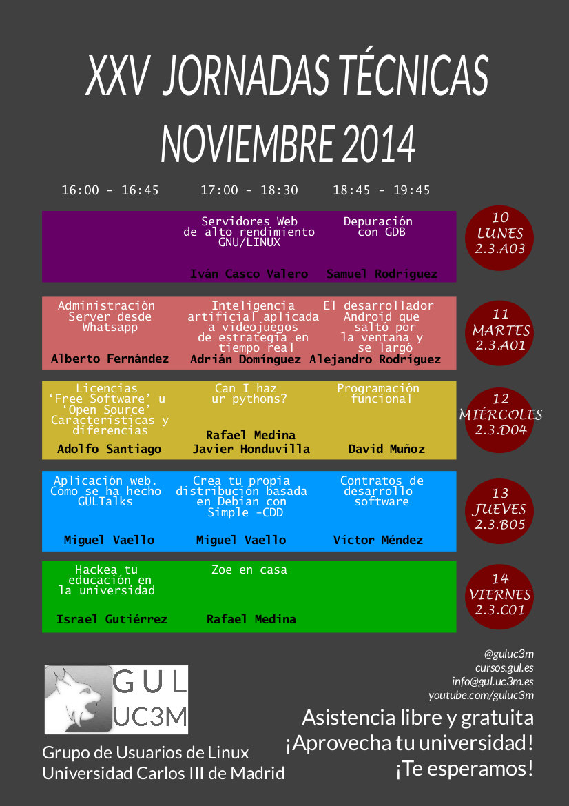 guluc3m's tweet photo. ¡Actividades, horarios y aulas de las #jornadasGUL! Del 10 al 14 de noviembre en la UC3M #AprovechaTuUniversidad. http://t.co/nEQ4WLfbur