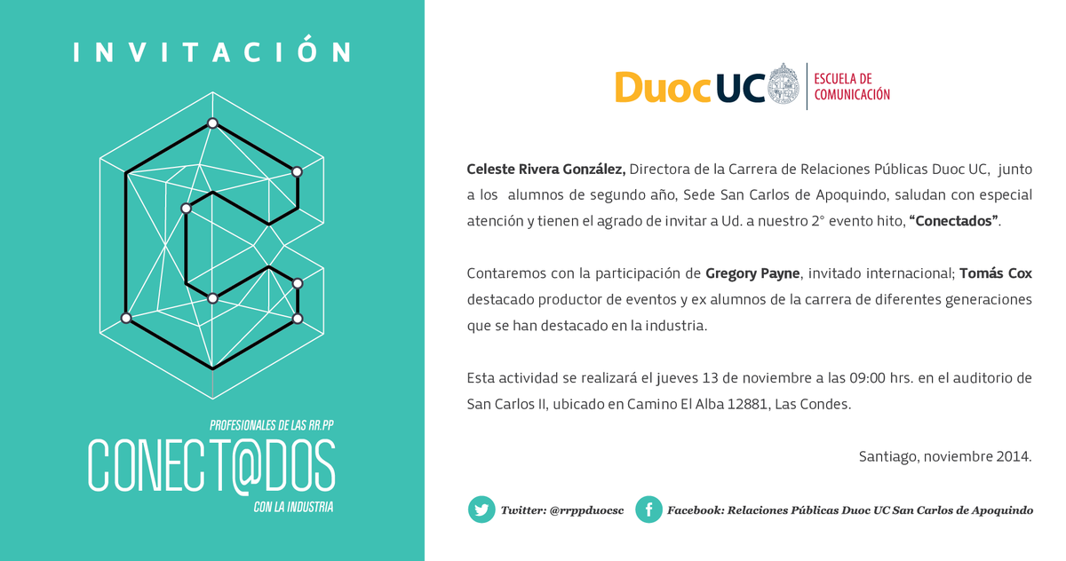 RRPPDuocSC's tweet photo. Todos invitados, evento RR.PP Duoc UC sede San Carlos, Conect@dos, jueves 13 de nov. 9:00 hrs. http://t.co/QS5Z4pCCRp