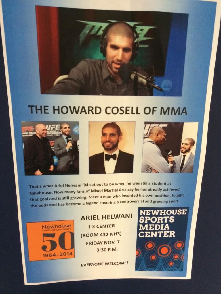 GoldenGearMMA's tweet photo. Awesome to have @arielhelwani at @SyracuseU  If you are an #MMA and #UFC fan don't miss it! http://t.co/bfJHnwktpb