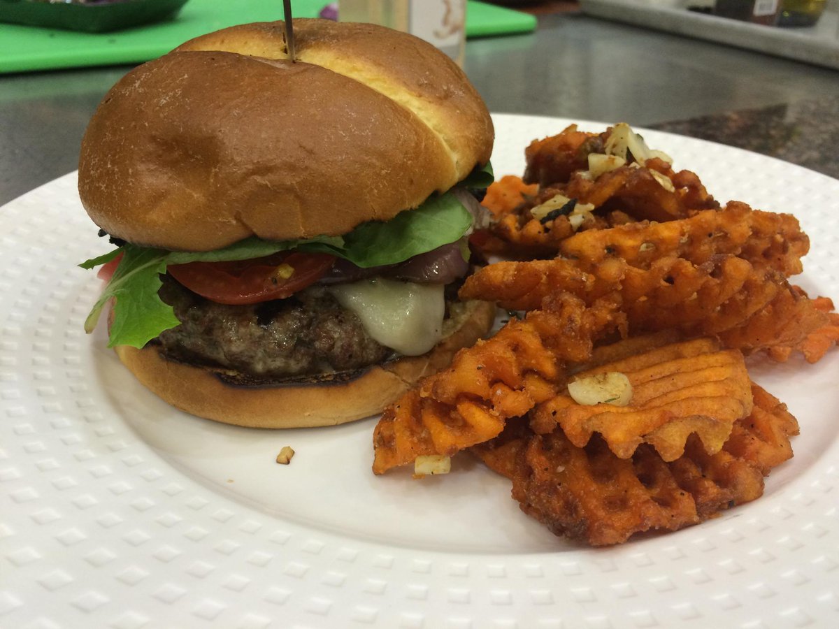 Brioche Burger with Havarti Cheese, charred rosemary aioli, grilled Portobello mushroom, grilled onion...