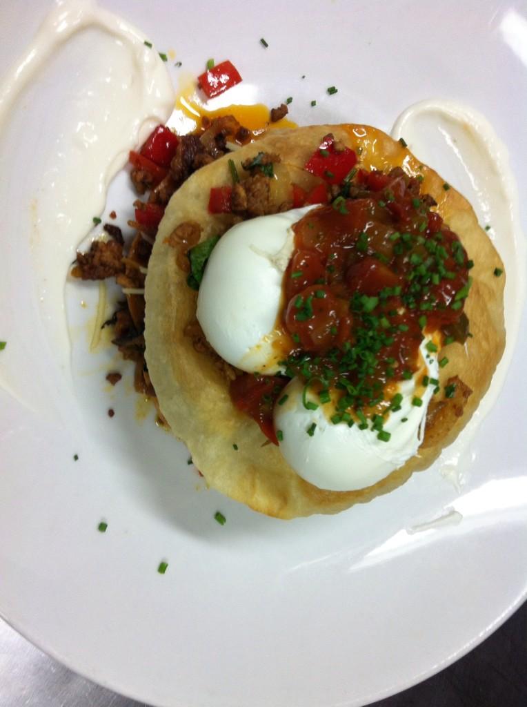 BRCheffrey's tweet photo. @The_BlueCrab #brunch #testers Tostada! House chorizo, queso fresco, salsa, poached eggs http://t.co/jugNDmPnkK