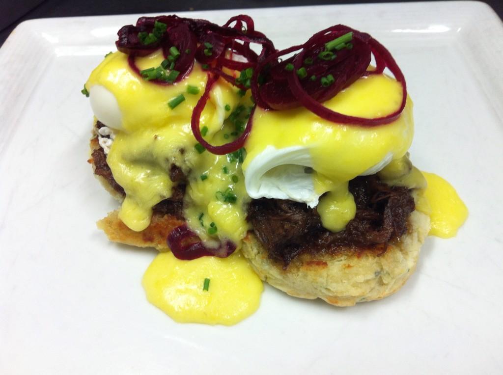 BRCheffrey's tweet photo. @The_BlueCrab #brunch testers! The Baron Benny. Homemade biscuit, pulled beef, pickled shallots http://t.co/JrjtkzDX7H