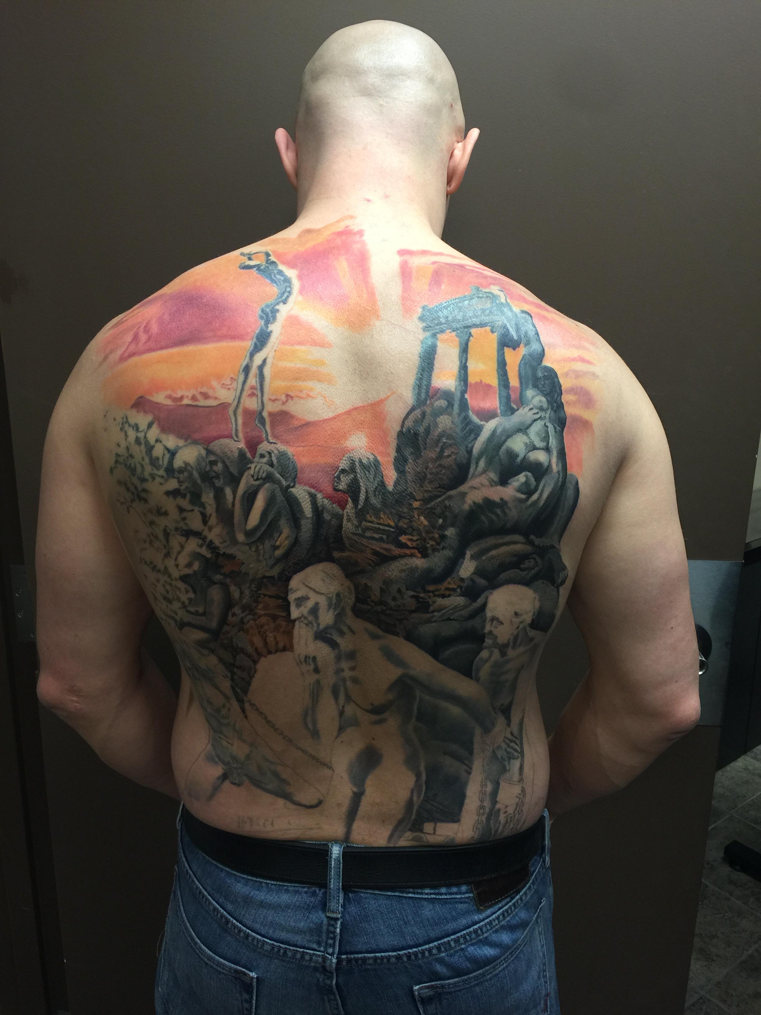 Russell Jones on X: "Day 3 on my large back tattoo. It's coming along  nicely. “Allegory of the cave”. Day 4 in progress. More to come…  http://t.co/oWaIToRTtz" / X