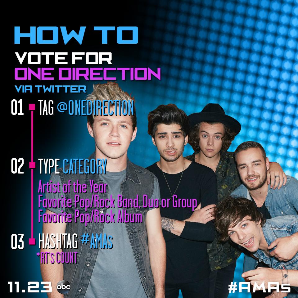 AMAs's tweet photo. RT to vote @onedirection for #AMAs Favorite Pop/Rock Band, Duo or Group via Twitter. VOTE: http://t.co/BaWEx8PQDD http://t.co/UIqbHx21eN