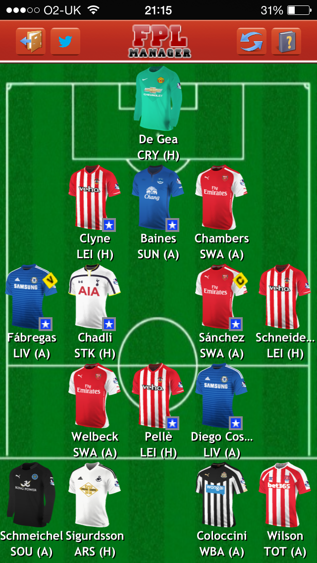 BostonRiver_FPL's tweet photo. GW11 team has now been finalised! Baines in, Ivanovic out. Also subbed out Siggy for Schneiderin. http://t.co/Ny6hjLxMgj