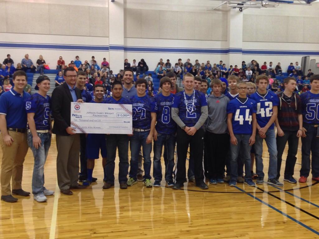 Rangers's tweet photo. Rangers Fdn &amp; @ShawnTolleson38 presented a grant of $10,000 to the Jordan Casey Wright Fdn. at Celeste HS today. http://t.co/2L4865qzQv
