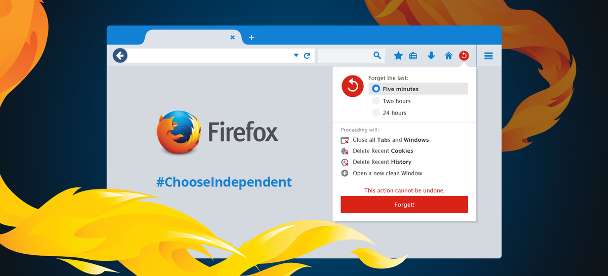 firefox's tweet photo. Cover your tracks in one click with the new Forget button in #Firefox: http://t.co/N2ltb5N72N #ChooseIndependent http://t.co/iOZ4WV5lMo