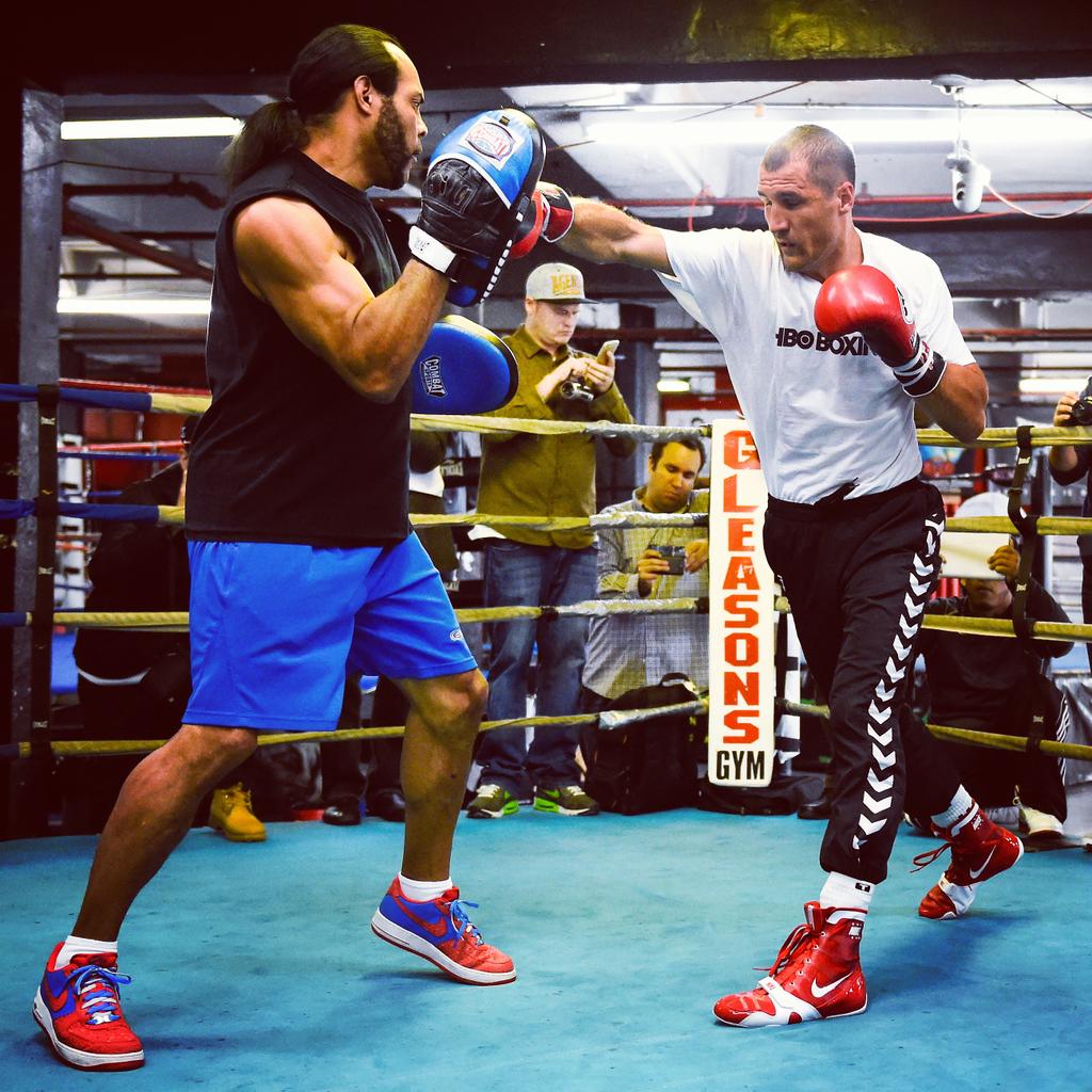 TRUsox's tweet photo. #Boxing: @KrusherKovalev spars in #TruSox before his big fight with @THEREALBHOP tomorrow. #TruBoxing http://t.co/aiNtJcEnxB