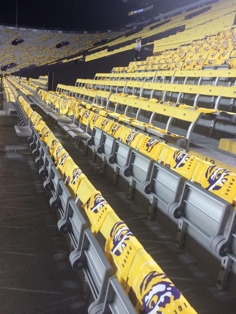 LSUfootball's tweet photo. Thanks @CapitalOne. All 70,000 rally towels are here, and we are ready for #GameDay! #LSU http://t.co/xobqNTPiqt
