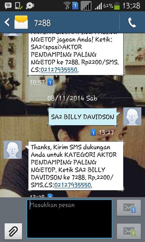 TeamBillyD_Solo's tweet photo. Ini dukunganku @Nikenik92 
Mana dukungan #teambilly
SA2 BILLY DAVIDSON kirim ke 7288
Cc : @BillyDavidson_ http://t.co/7rXMAdBeLD