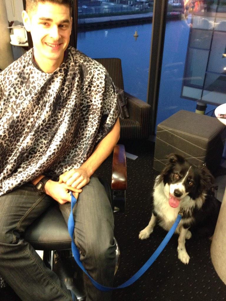 katiehile's tweet photo. Jasper the dog with his owner Adam at the @BBCBreakfast studios in make up #jasperfound #FoundJasper http://t.co/bqJOEGEoTs