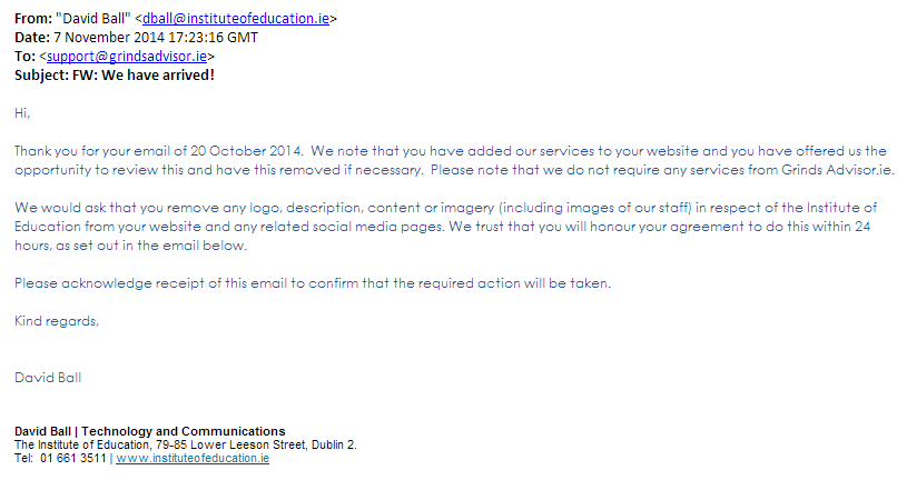 GrindsAdvisor's tweet photo. Here's an email we received from @ioedublin. Our stance on this can be found here: https://t.co/y86YD0hVMk http://t.co/yzAIrCm8vA