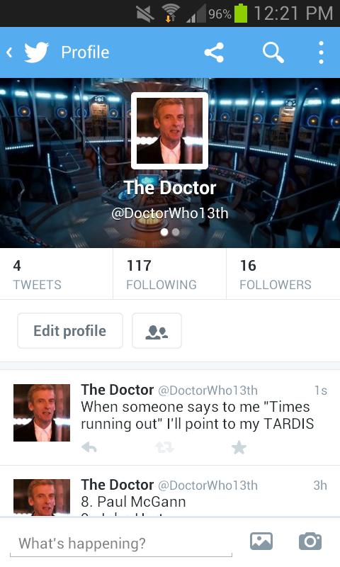 Everyone go follow <a href="/DoctorWho13th/">The Doctor</a>