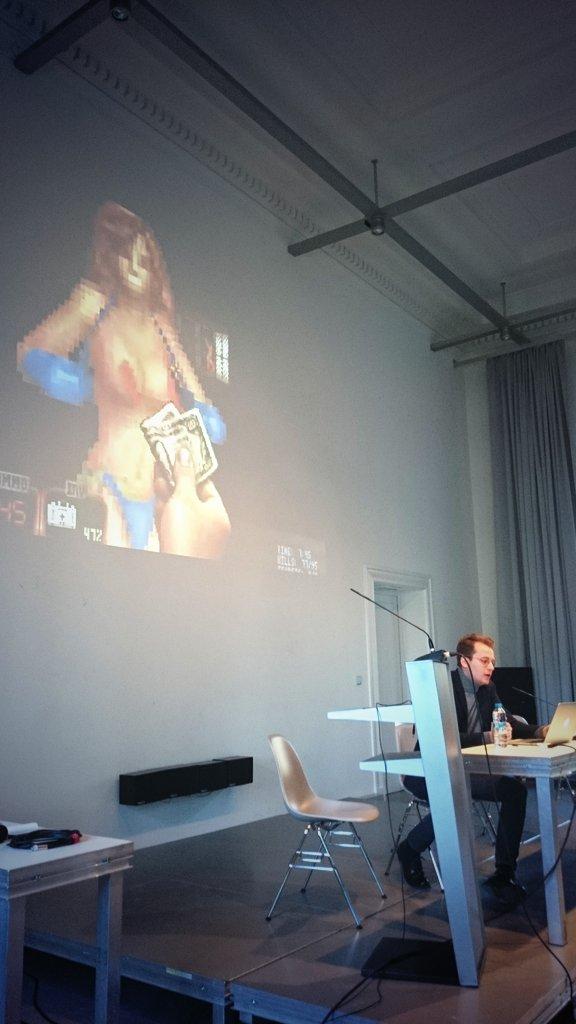 laurenzsch's tweet photo. Clemens Jahn on user interfaces as social operators. Using duke nukem to explain gender roles. #interfacecritique http://t.co/XPfu8gi1dk