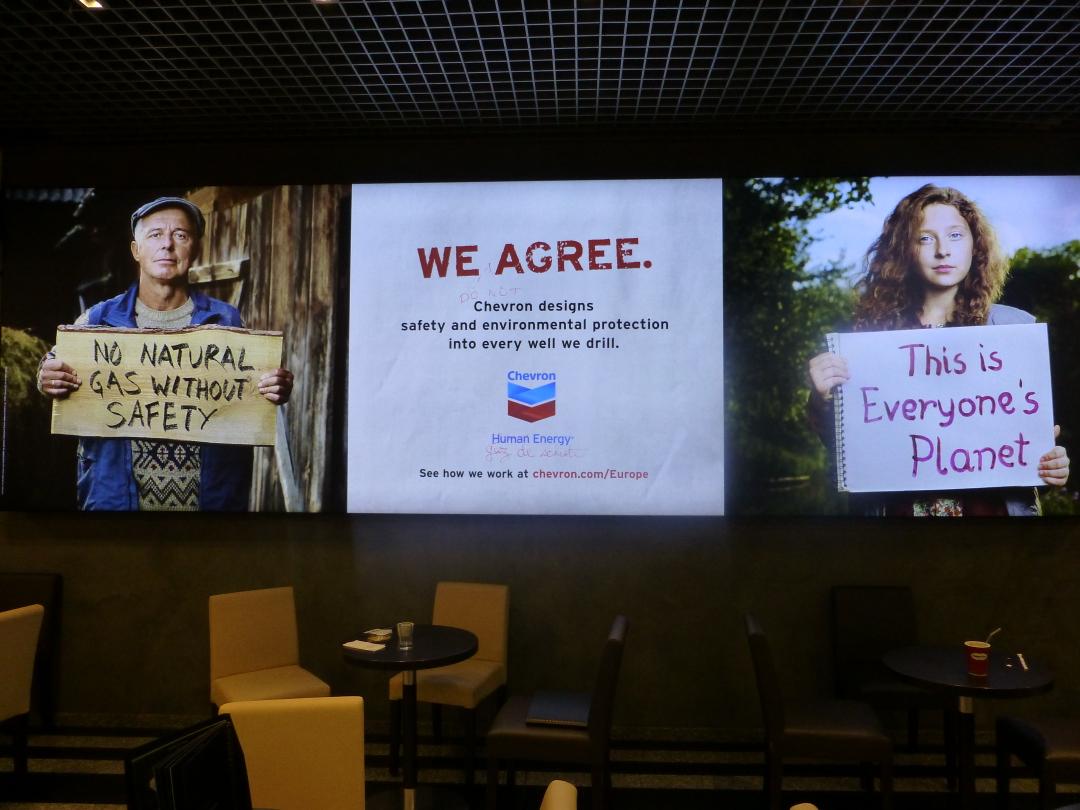 pauldezylva's tweet photo. Talking of slick oil industry PR, here's the new #Chevron ad subtly'subvertised' in Brussels. http://t.co/c1mDofGL4y