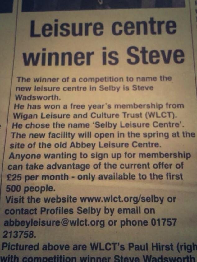 AndrewBloch's tweet photo. Congratulations to Steve for winning the competition to name the new leisure centre in Selby. Inspired creativity! http://t.co/uD7M3hg0UI