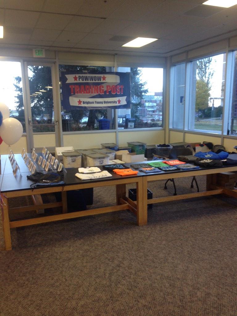 The #BYUPOWWOW Trading Post is ready! Come get T-Shirts, Hoodies, Patches, and most importantly. . . BLUE CARDS!