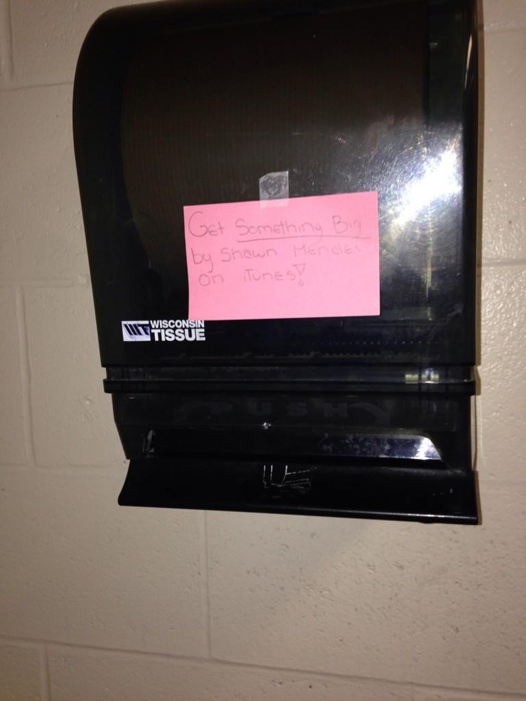 MENDESMOSTLY's tweet photo. @ShawnMendes YESTERDAY I PUT SOME UP IN MY SCHOOL BR AND TODAY IMA PUT THEM UP IN STORES #GetSomethingBigToNumber1 http://t.co/7PkAtxMgt3