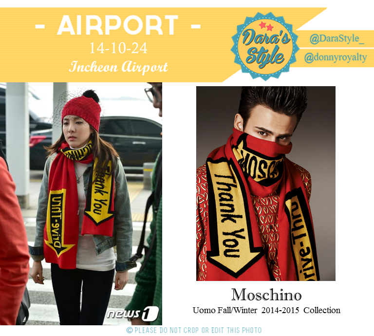 2NE1crew's tweet photo. 141024 #2NE1 Dara Airport Fashion wearing @Moschino Uomo Fall/Winter 2014-2015 Collection Scarf (cr DaraStyle_ ) http://t.co/ukX91TBslT