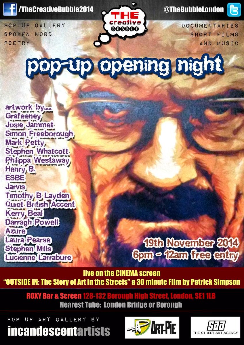 TheBubbleLondon's tweet photo. POP-UP Art Gallery & Short Film Opening Night at @Roxy_Bar_Screen #TCB2014 @IncandescentArt @art_pie @StreetArtAgency http://t.co/Zhkt4Kgc7D