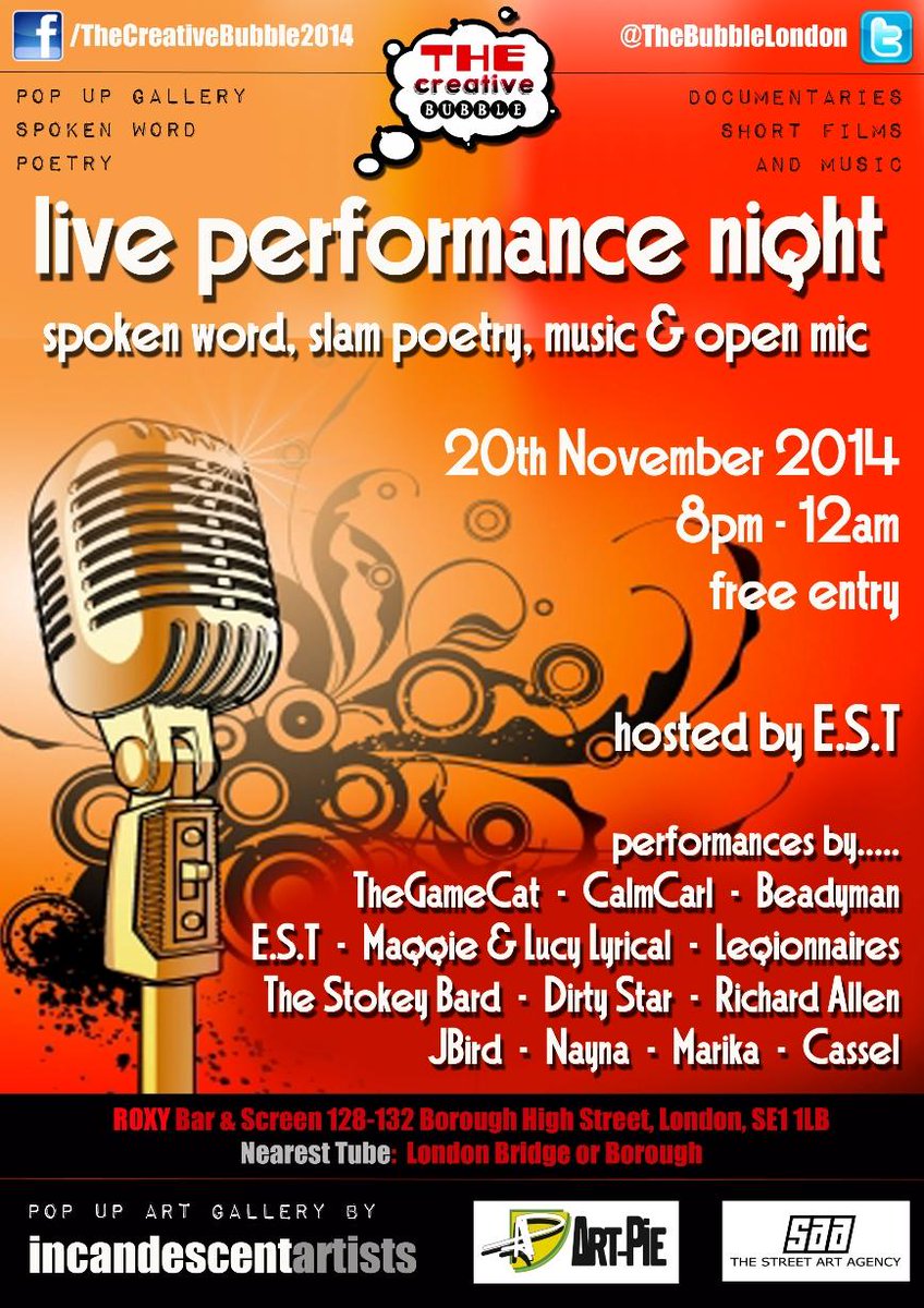 TheBubbleLondon's tweet photo. Spoken Word night at @Roxy_Bar_Screen Hosted by @superlative_EST with @AntSmithPoet @calmcarl @beadymanpoet #TCB2014 http://t.co/6DWGAxxTMP